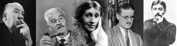 از چپ به راست: آلفرد هیچکاک، ویلیام فاکنر، ویرجینیا وولف، جیمز جویس و مارسبل پروست